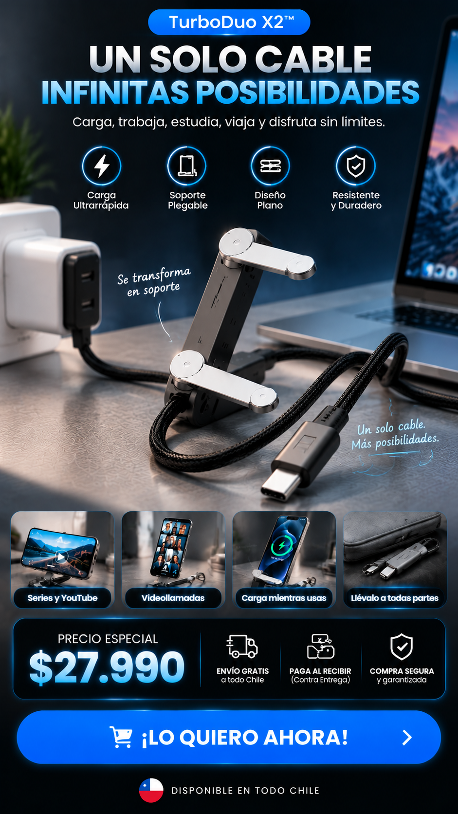 TurboDuo X2™ X2 – Cable de Carga Rápida con soporte