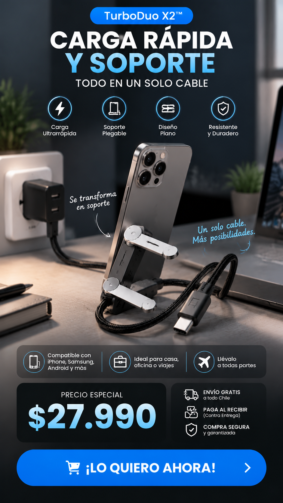 TurboDuo X2™ X2 – Cable de Carga Rápida con soporte