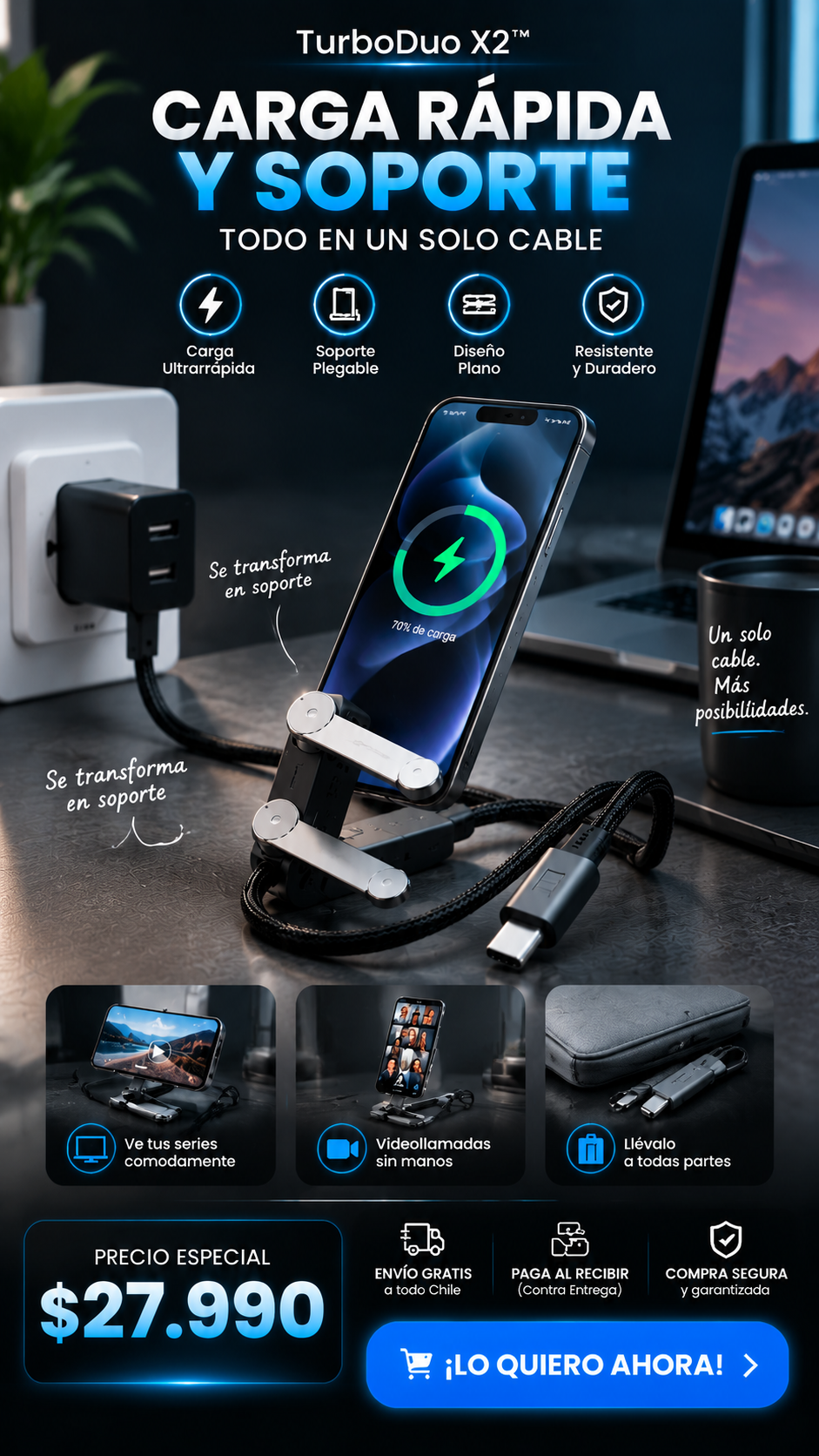 TurboDuo X2™ X2 – Cable de Carga Rápida con soporte