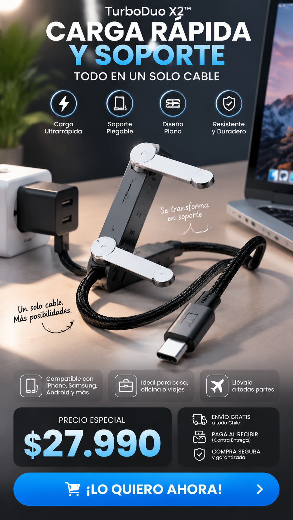 TurboDuo X2™ X2 – Cable de Carga Rápida con soporte
